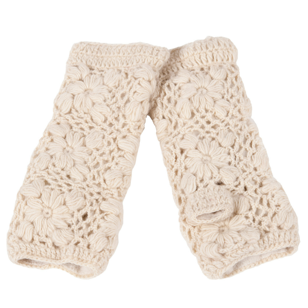 A pair of Flower Hand Crochet Fingerless Gloves in a cream hue, handmade with a delicate floral crochet pattern and finished with ribbed edges, displayed flat side by side on a white background.