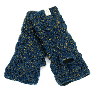 A pair of blue crocheted Metal Vein Handwarmers for women.