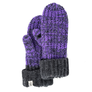 A pair of Ziggy Mittens knitted in purple and black, handmade in Nepal.