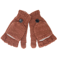 A pair of Hand Knit Fingerless Gloves With Button Flap and Fleece Lining in brown, featuring black buttons. The gloves have a flap that can be buttoned down to reveal fingerless gloves underneath. They are displayed laid flat on a white background.