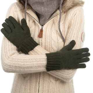A woman wearing a Merino Wool hooded sweater and McCarren Gloves.