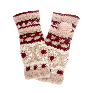A pair of handmade Cozy Cowl made of wool with a cream base color and decorative patterns in shades of pink and maroon, handmade in Nepal.