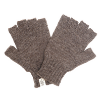 A pair of Hand Loom Striped and Solid Fingerless Gloves in brown merino wool are laid flat on a white background, with a small fabric tag visible on one glove.