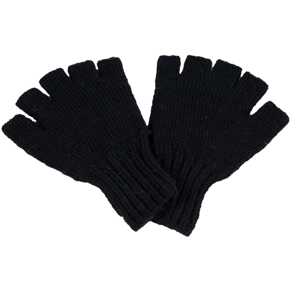 A pair of Hand Loom Striped and Solid Fingerless Gloves is laid flat with the cuffs overlapping. Handmade with care, each glove features openings for all five fingers ending at the knuckles.
