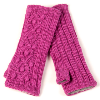 A pair of Tree Berry Handwarmers with a cable pattern design, handmade in Nepal.