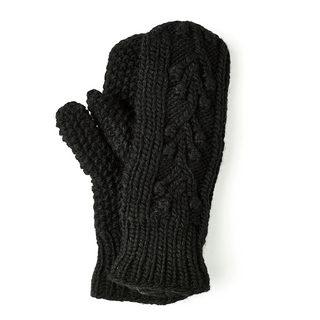 A single black Ball Knit Mitten with Fleece Lining, made of merino wool and crafted in Nepal, isolated on a white background.