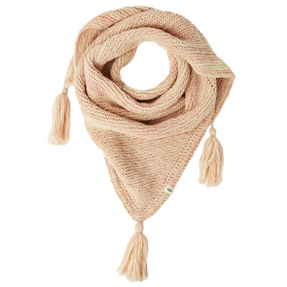 A peach-colored knitted Trifecta Shawl, handmade from merino wool, with tassels on each corner against a white background.