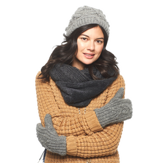 A woman wearing a Trinitas Sherpa Lined Infinity Scarf and mittens.