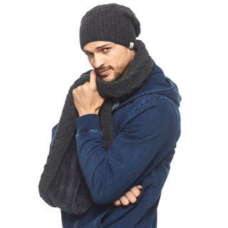 A man wearing a beanie and a Trinitas Sherpa Lined Infinity Scarf.