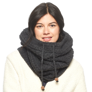A woman wearing a Lou Neckwarmer infinity scarf.