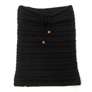 A black merino wool knitted Lou Neckwarmer on a white background.