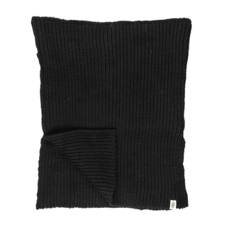 Black merino wool Mick Neckwarmer folded neatly on a white background.