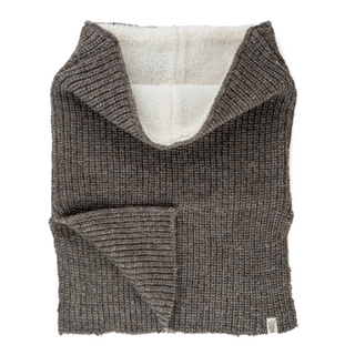 A handmade in Nepal, flat-laid brown knitted Mick Neckwarmer with a white fleece lining and a broad collar.