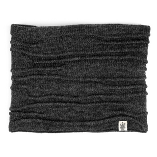 A dark gray, wool knitted Branch Out Neckwarmer displayed on a white background, handmade in Nepal.