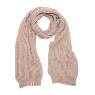 A handmade Laurent pink ribbed scarf on a white background.