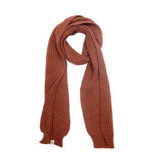 A handmade brown ribbed Laurent Scarf on a white background.