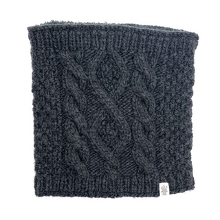 A gray Margins Neckwarmer with a cable knit pattern and sherpa fleece lining on a white background.