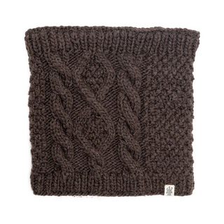 A brown knitted Margins Neckwarmer with a cable knit pattern, crafted from merino wool and featuring a sherpa fleece lining, perfect as a neckwarmer.