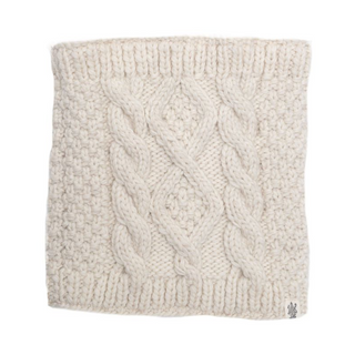 A cream-colored Margins Neckwarmer made of merino wool with cable patterns on a white background.