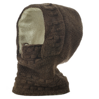 The Hand Knit Legends Hood is a brown, textured merino wool knit hood featuring a cream-colored fleece lining that covers the head, neck, and lower face. This unisex accessory is shown against a plain white background.