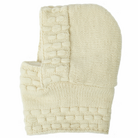 A single, unisex cream-colored knitted mitten with a textured, woven pattern on the wrist and thumb areas is displayed against a white background—perfect for pairing with your favorite Hand Knit Legends Hood.