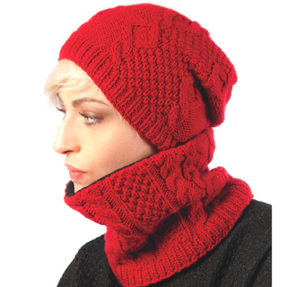A person wearing a red knitted hat and Sectional Neckwarmer, profile view.