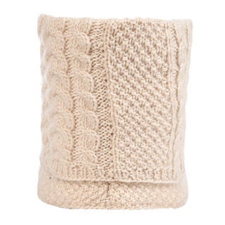 A knitted beige wool Sectional Neckwarmer with a cable stitch pattern, handmade in Nepal.