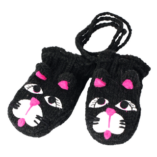 A pair of wool New Cat Mittens with pink eyes.