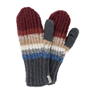 A pair of Hi Fidelity Mittens, handmade in Nepal, knitted with stripes and a variety of colors including red, blue, beige, and gray.