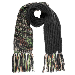 A Prelude Scarf from Nepal, black with multicolored details and fringes at both ends.