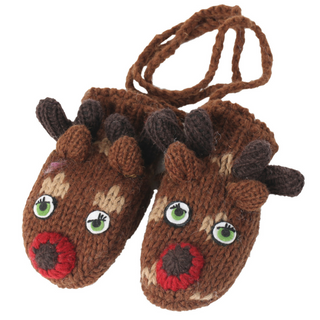 A pair of hand-knit Deer Mittens on a white background.