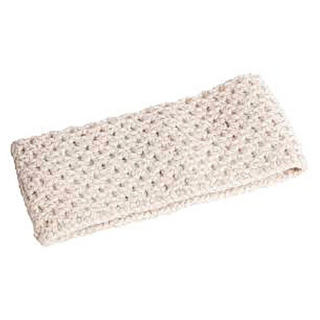 A folded white crochet Merino Lattice Headband with a speckled pattern, lined with fleece.