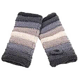 A pair of Round Gradient Merino Hand Warmers with varying shades of gray and a white stripe, handmade in Nepal.