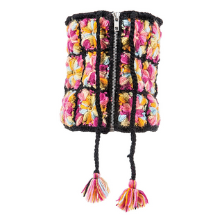 Multi Color Flower Crochet Neck Gaiter with floral pattern and tassels against a white background, handmade in Nepal.