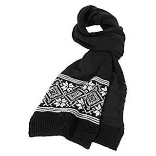 A handmade Merino Snowflake Scarf in black with white geometric snowflake patterns at one end, crafted in Nepal.