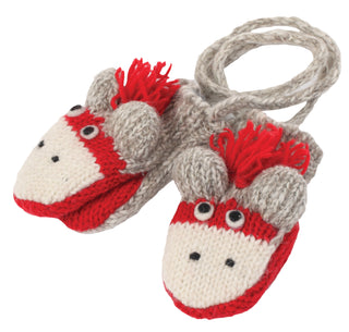 A pair of CuteMonkey Mittens-Grey with red and white pom poms.