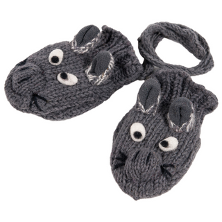 A pair of handmade in Nepal knitted Squirrel Mittens with cute animal faces, featuring prominent eyes and ears, on a white background.