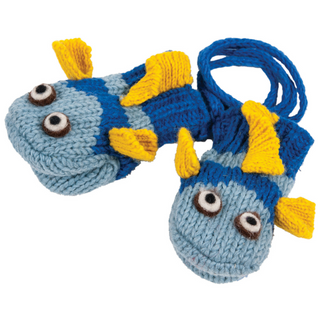 A pair of hand-knit blue and yellow wool Fish Mittens.