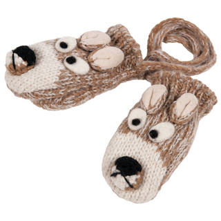 A pair of Little Fox Mittens designed to resemble cartoonish animal faces, with details such as eyes, noses, and ears attached, against a white background.