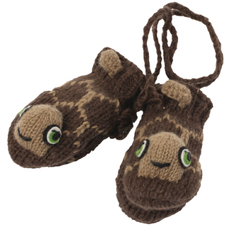 A pair of brown, Turtle Mittens with a connecting string.