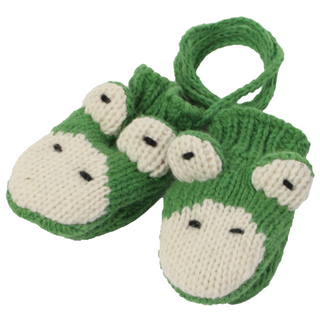 A pair of hand-knit green 100% wool Frog Mittens.
