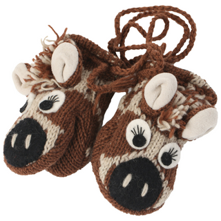 A pair of Giraffe Mittens designed to resemble the face of a moose, complete with eyes, nose, and antlers.