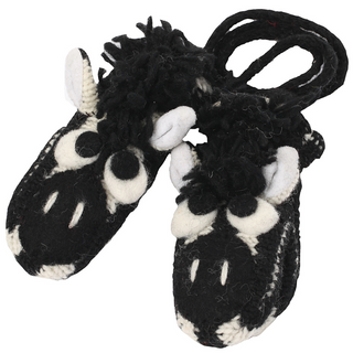 A pair of Zebra Mittens with a zebra-like pattern and design on a white background.