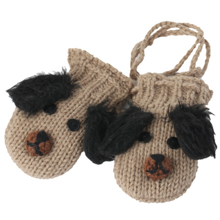 A pair of Crochet Dog Mittens designed to resemble dog faces, complete with button eyes and yarn features.