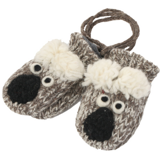 A pair of hand-knit wool Koala Mittens.