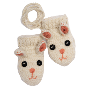 A pair of Crochet Rabbit Mittens made from 100% wool on a white surface.