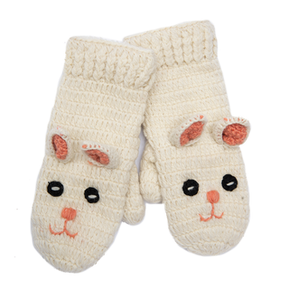 A pair of Crochet Rabbit Mittens made of 100% wool, with ears on them.