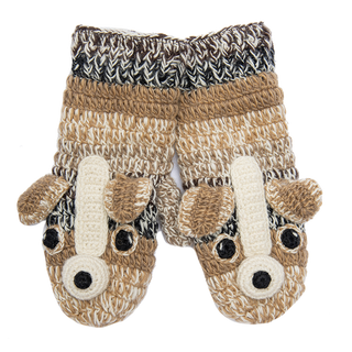 A pair of handmade Crochet Chiwawa Mittens with a sherpa-lined interior and a dog on them.