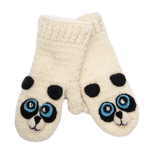 A pair of Crochet Panda Mittens with blue eyes.