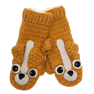 A pair of Crochet Lucy Puppy Mittens with a dog on them, handmade in Nepal.